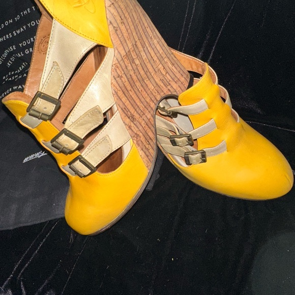 John Fluevog Vintage Yellow Leather And Cork Pindown Farrah High Heel Shoes Sz 7 - Picture 6 of 10